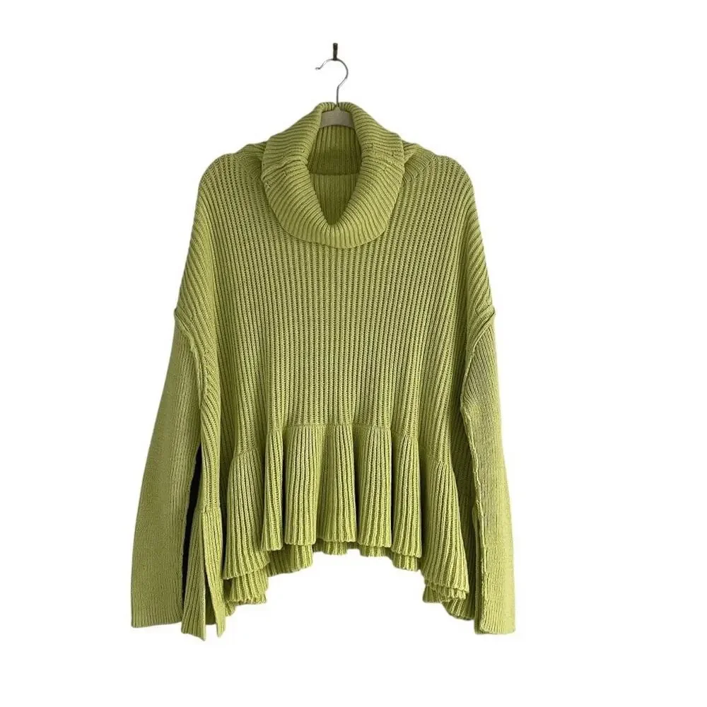 Free People Layer Cake Sweater Key Lime XS Oversized Turtleneck Chunky Knit